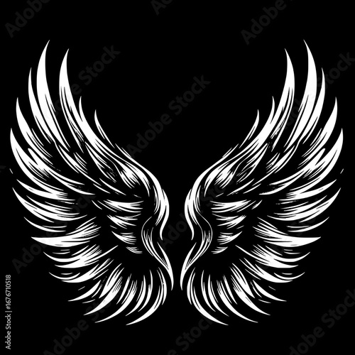 Black and White Vector Silhouette T-Shirt Design of Wings Spread Open