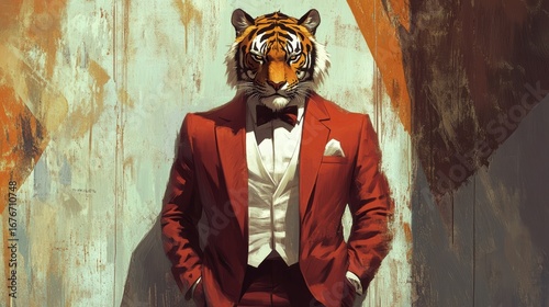 A stylized figure in a red suit with a tiger's head stands confidently against a textured background, blending elegance with a wild touch.