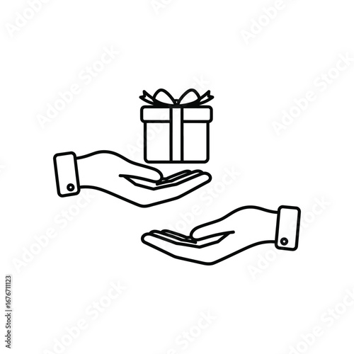 Gift Exchange Symbol: A clean and crisp outline portrays the exchange of a gift between two hands, symbolizing generosity and the spirit of giving. 