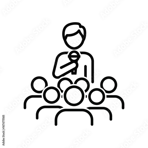 Public Speaking Icon: A speaker addresses an attentive audience. The icon illustrates communication, presentation, and public speaking concepts.