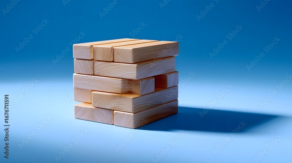 custom made wallpaper toronto digitalA tower of stacked wooden blocks on a minimalist blue background, representing concepts of balance, strategy, and problem-solving.