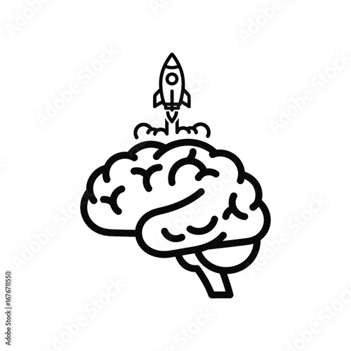 Brainwave Ignition: A creative concept visualizes the spark of an idea, with a rocket launching from the center of a brain, symbolizing innovation, intelligence, and the power of thought.