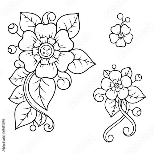 Set of Mehndi flower pattern for Henna drawing and tattoo. Decoration in ethnic oriental, Indian style. Doodle ornament. Outline hand draw vector illustration.