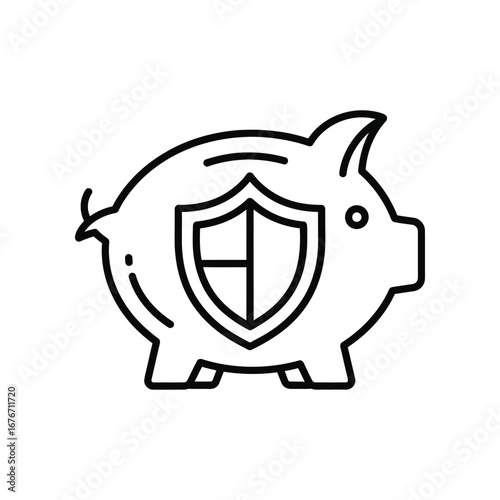Financial Security Piggy Bank: A line art illustration of a piggy bank adorned with a shield, symbolizing the secure safeguarding of financial assets. A clear concept of protection.