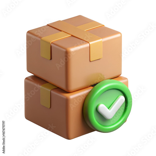 3d stacked cardboard boxes with checkmark isolated on transparent background