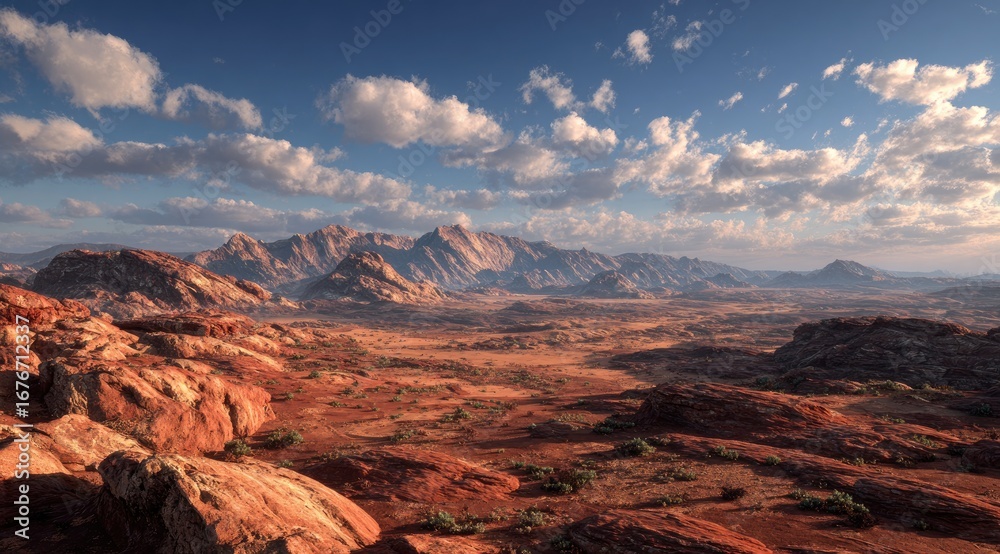 Obraz premium Vast desert landscape with reddish rock formations, mountain range, and scattered vegetation under a partly cloudy sky