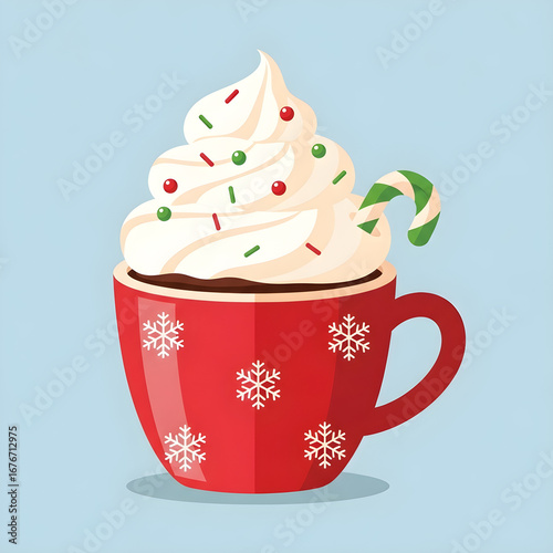 A festive red mug filled with hot chocolate topped with whipped cream and holiday sprinkles, adorned with snowflakes and a candy cane.
