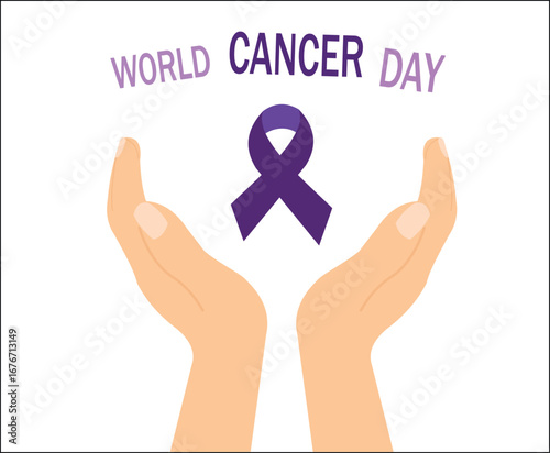 A purple ribbon is centered between two open hands, representing support and hope for cancer awareness and fundraising efforts.