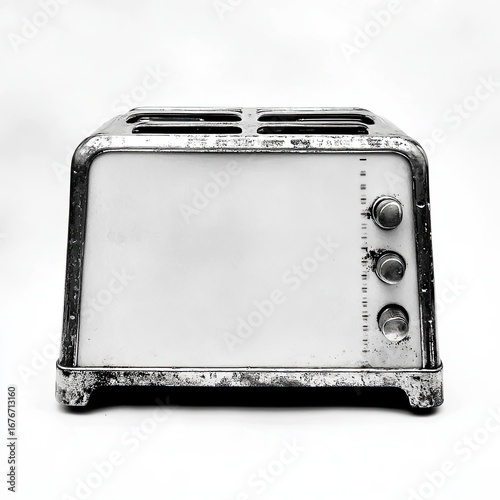 A vintage, white toaster, front view.  Its metal casing shows signs of age and use