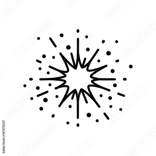 Explosion Icon: A black explosion icon bursts with energy, featuring radiating lines and scattered dots, representing a burst of excitement or impact.
