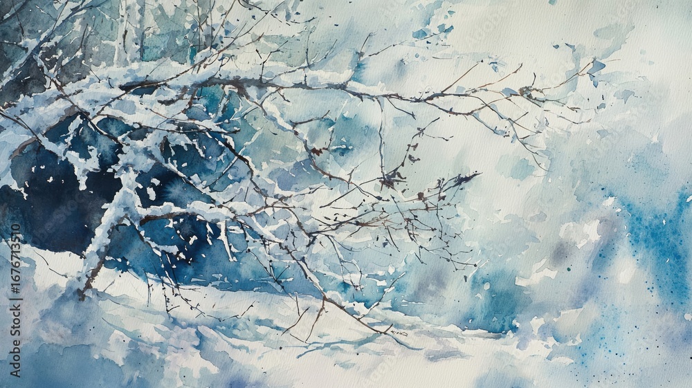 Naklejka premium Snow-covered trees in a winter forest watercolor