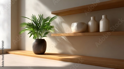 A potted green plant and various decorative pottery items neatly arranged on wooden shelves, creating a calming and stylish look in a cozy, well-lit living space.
