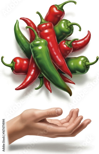 Hand Catching Fresh Red and Green Chili Peppers