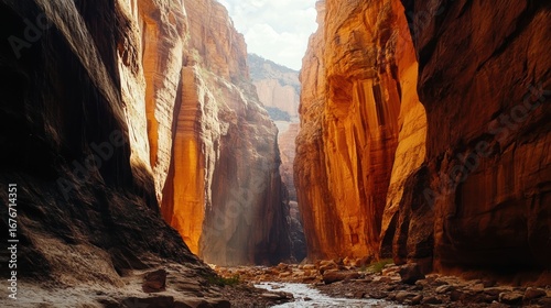 A stunning canyon landscape featuring towering orange rock formations, a flowing river, and soft light filtering through the cliffs.