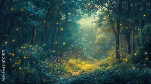 A serene forest path illuminated by soft light, with vibrant greenery and glowing fireflies scattered throughout, creating a magical atmosphere.