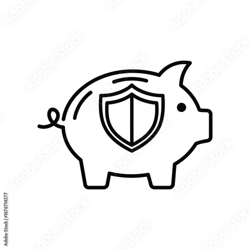 Protected Savings: A minimalist outline of a piggy bank adorned with a shield emblem, symbolizing the security and safety of financial savings. 