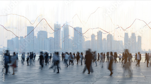 A city skyline with people moving, symbolizing the dynamic nature of the labor market and economic forces.
