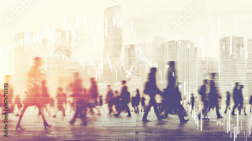 A city skyline with people moving, symbolizing the dynamic nature of the labor market and economic forces.