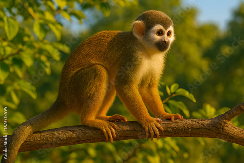 Squirrel monkey sitting on tree branch in green tropical forest wildlife environment