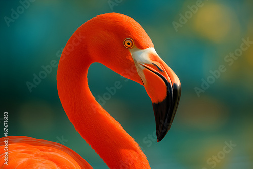 Bright pink flamingo bird standing in tropical wetland close up wildlife photography
