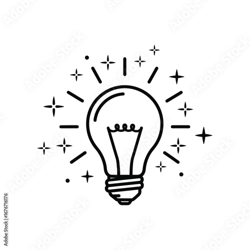 Enlightened spark: A graphic representation of an illuminated light bulb, surrounded by sparkling lines, symbolizes creative thinking and innovative solutions, suitable for illustrations