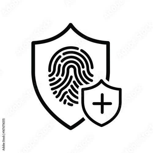 Fingerprint Security: A minimalist graphic showcases a fingerprint integrated within a shield, symbolizing robust data protection, privacy and security with an additional safeguard. 