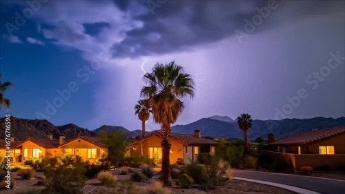 Lightning storm over desert homes
