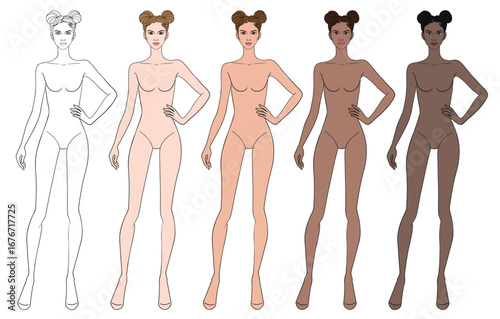 Colored skin tones fashion croquis figurines with hand on hip two bun hair woman in vector.