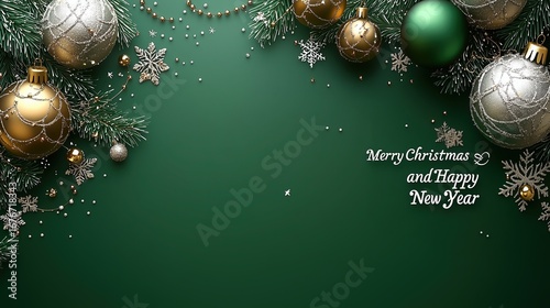 Top view green gold silver Christmas balls and pine branch Christmas New Year background with festive text, cinematic lighting on dark gradient, holiday theme design.