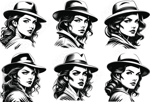 Vintage fashion portrait set of six women wearing fedoras