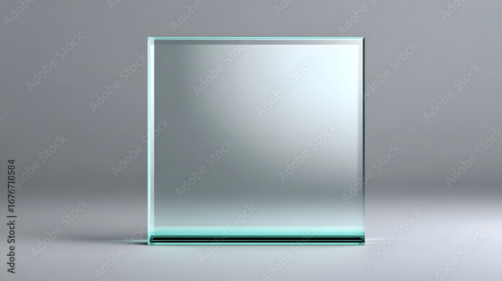 Fototapeta premium A clear, glass cube-shaped object displayed on a minimalist surface, showcasing its simple, geometric design and reflective properties.