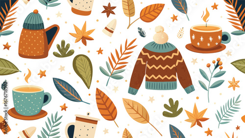 Seamless knitted sweater pattern with tiny mugs, leaves, and stars, minimal vector repeat suitable for textiles.