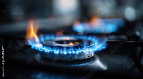 Close-up of two gas burners ignited.  Blue flames on metal stove top