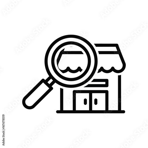 Store Investigation: A magnifying glass hovers over a shopfront icon, symbolizing detailed examination in business, research, or consumer assessment.