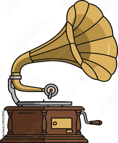 Antique gramophone, phonograph, or record player. It functions as a player for music or sound stored on vinyl records.