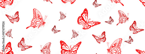 seamless continuous pattern of red flying butterflies on a black  background.eps
