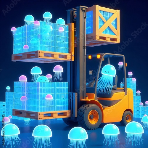 A jellyfish driving a forklift to stack bioluminescent jelly cra