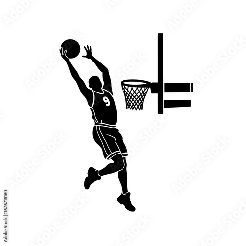 Basketball Silhouette: A dynamic illustration captures a basketball player in mid-air, executing a slam dunk, emphasizing action and skill in the game.