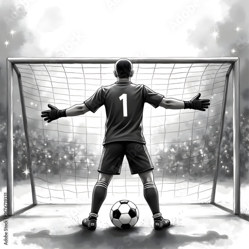 Goalie Ready: A determined soccer goalkeeper stands at the ready, poised to defend the goal against any onslaught with unwavering resolve, embodying sportsmanship and fierce competition.