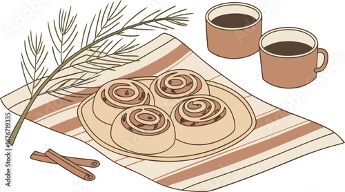 Holiday brunch table setup: cinnamon rolls, linen napkins, ceramic mugs, pine sprig centerpiece, soft textured illustration in earth tones.