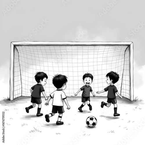 Soccer game for kids: A dynamic black and white illustration captures a spirited soccer match among young children, embodying the essence of sportsmanship, fun, and teamwork.