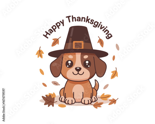 Cute thanksgiving puppy wearing pilgrim hat with autumn leaves