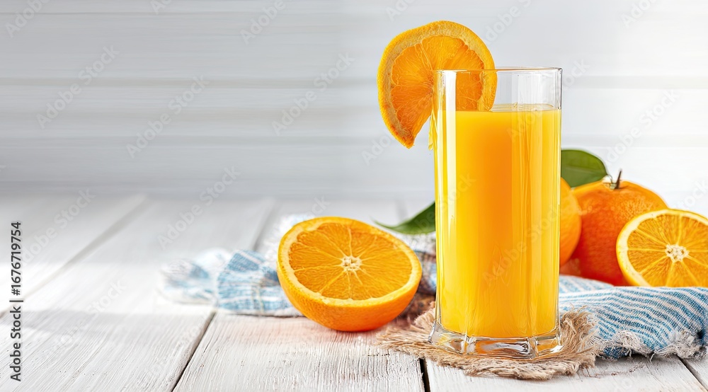 Naklejka premium Fresh orange juice in a tall glass, beside sliced oranges on a white wooden table