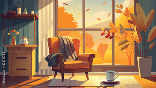 Autumn morning hygge scene: armchair by a window with golden leaves outside, knitted blanket draped, steaming mug on a side table, soft watercolor-inspired vector.