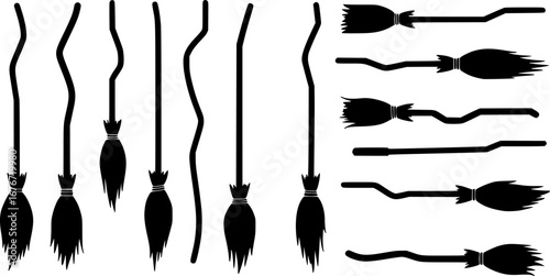 Set of various witch brooms silhouette vector illustration. Halloween broomsticks set. broom Vector
