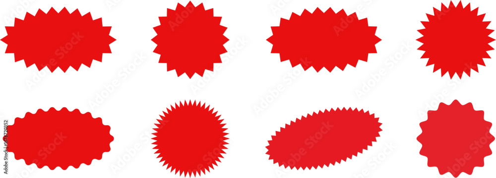 Set of sale sticker, price tag, starburst, sunburst badges, quality mark, sunburst badges, retro stars. Wavy edge. Star burst shape. Promo stickers with star edges. Sale or discount. Vector or PNG .