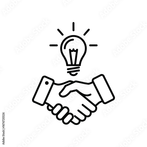 Illumination in Partnership: A graphic representation of a successful collaboration. Handshake beneath glowing lightbulb symbolizes shared goals and common understanding.