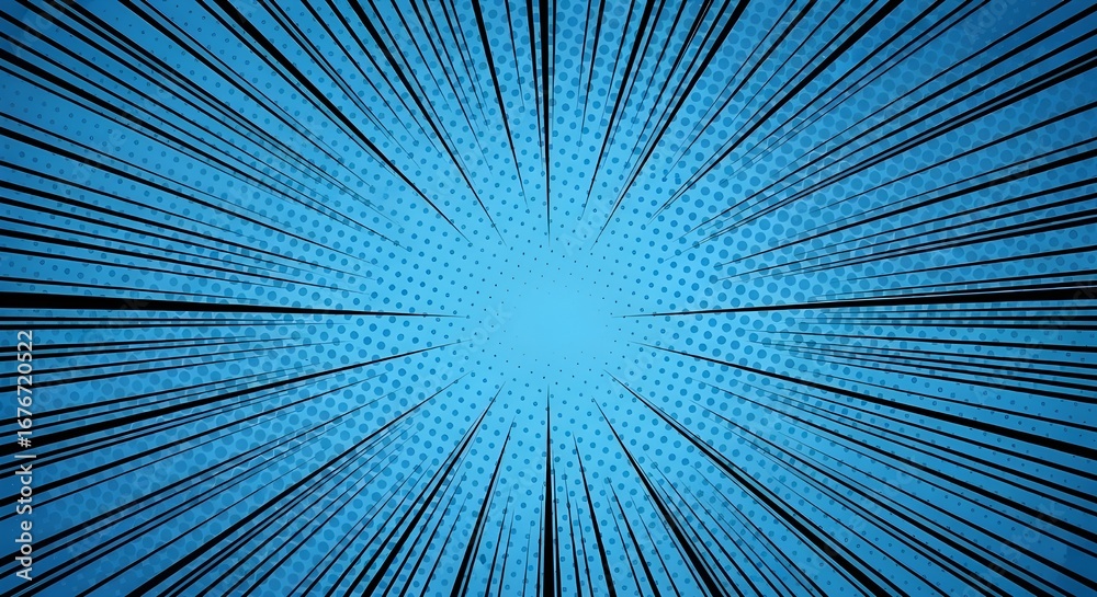 Obraz premium Comic book style zoom effect on blue background with halftone pattern