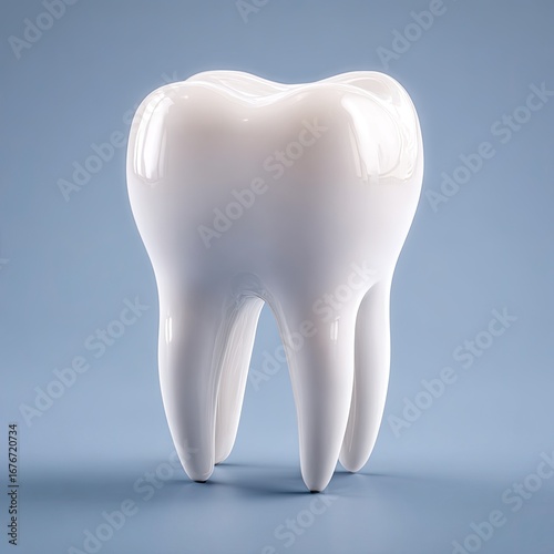 A 3D model of a healthy human tooth, smooth and glossy white, set against a muted gray-blue background.  The tooth is presented in a front-view, isolated perspective