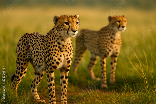 Pair of young cheetahs walking together on grassy savanna wildlife photography